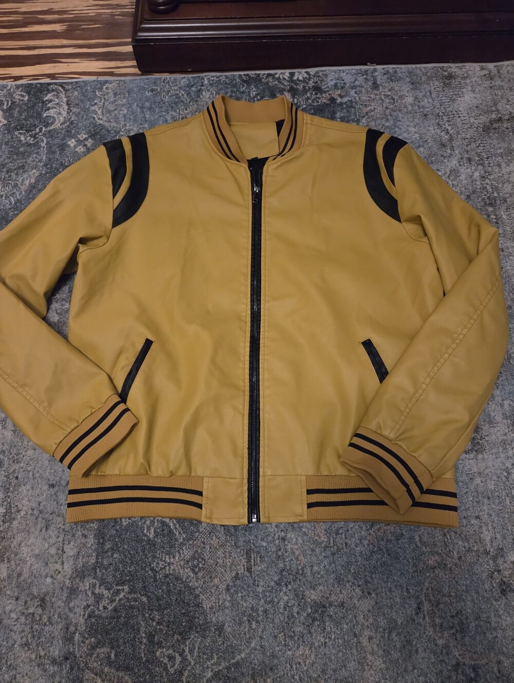 Men's Mustard Yellow Faux Leather Varsity Bomber Jacket - 2XL (Like New)